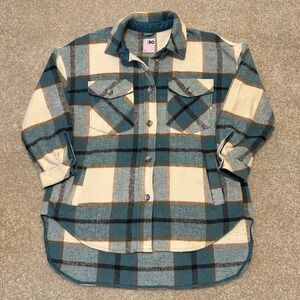 SO Goods For Life Womens Size M Plaid Shacket Blue Cream Wool Blend Shirt Jacket